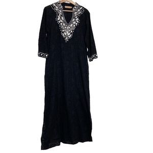 Vintage La Cera Maxi Dress Womens Black Small Embroidered Boho Pockets V-Neck